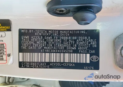 2004 Toyota Camry Xle из США, поврежденный, VIN 4T1BE30KX4U345298